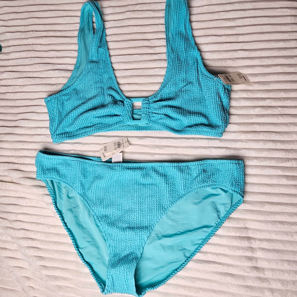 Aerie Women NEW Metallic Crinkle Bikini Set XXL Turquoise Coastal Beachy Swim